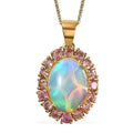 AAA Ethiopian Welo Opal and Morro Redondo Pink Tourmaline Halo 20 Inch Pendant Necklace in Vermeil Yellow Gold Over Sterling Silver, Opal Jewelry, Gift For Her 4.75 ctw - Sticky add to cart bar