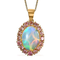 AAA Ethiopian Welo Opal and Morro Redondo Pink Tourmaline Halo 20 Inch Pendant Necklace in Vermeil Yellow Gold Over Sterling Silver, Opal Jewelry, Gift For Her 4.75 ctw