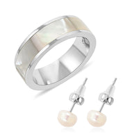 Mother Of Pearl and White Freshwater Pearl Ring and Earrings in Stainless Steel