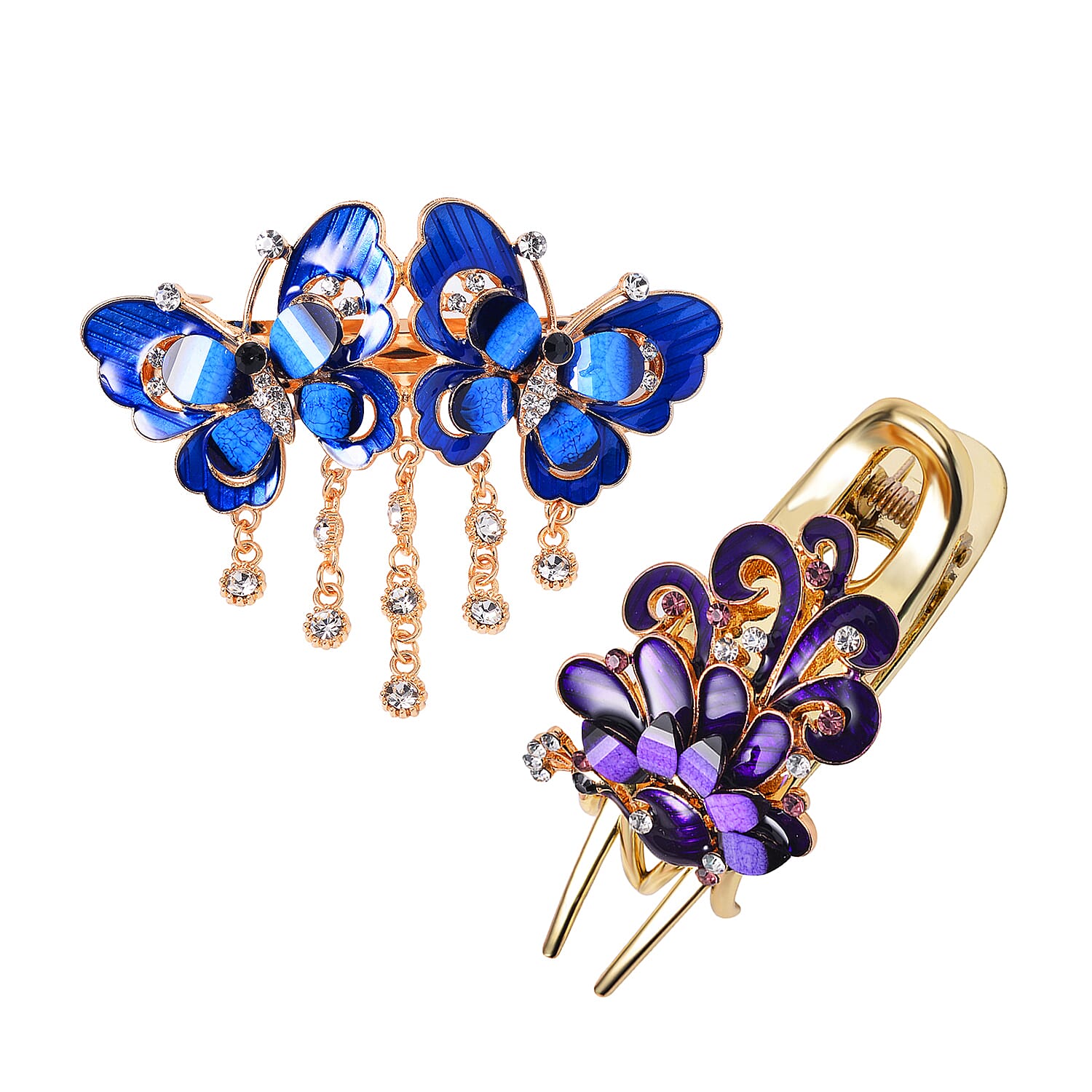 Set of 2 Purple and Brown Resin, Black and White Austrian Crystal, Enameled Butterfly and Peacock Hair Claw Clip in Rosetone