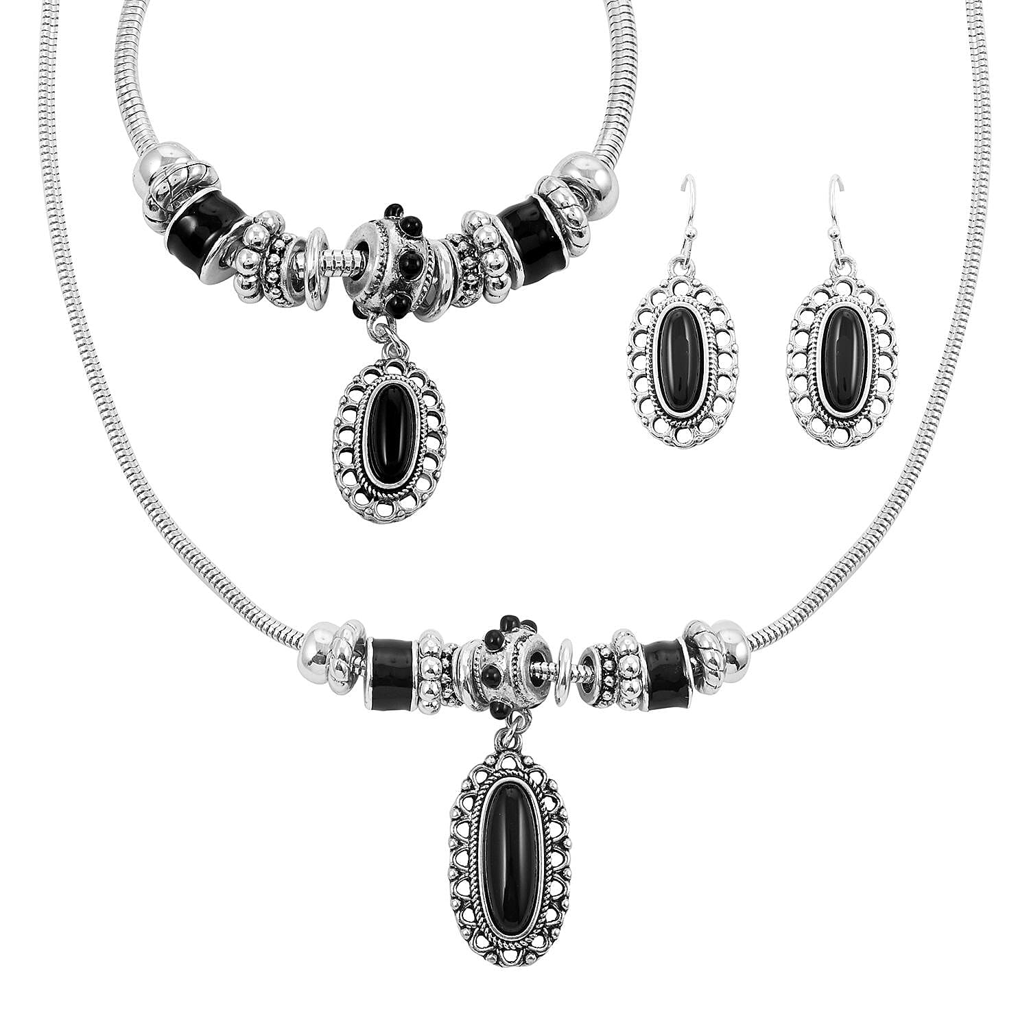Black Onyx Pendant Necklace (18-21 Inches), Bracelet (7.5-8.5In) and Earrings in Sterling Silver 34.50 ctw