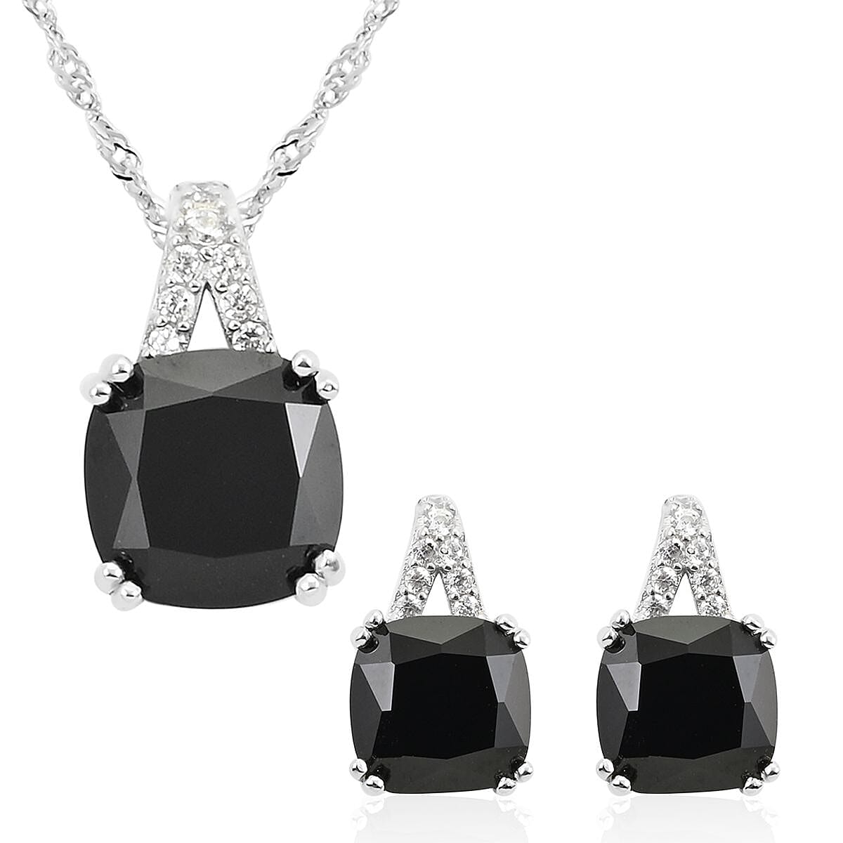 Thai Black Spinel and Simulated Diamond Pendant Necklace 18 Inches and Earrings in Sterling Silver 13.75 ctw