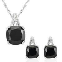 Thai Black Spinel and Simulated Diamond Pendant Necklace 18 Inches and Earrings in Sterling Silver 13.75 ctw