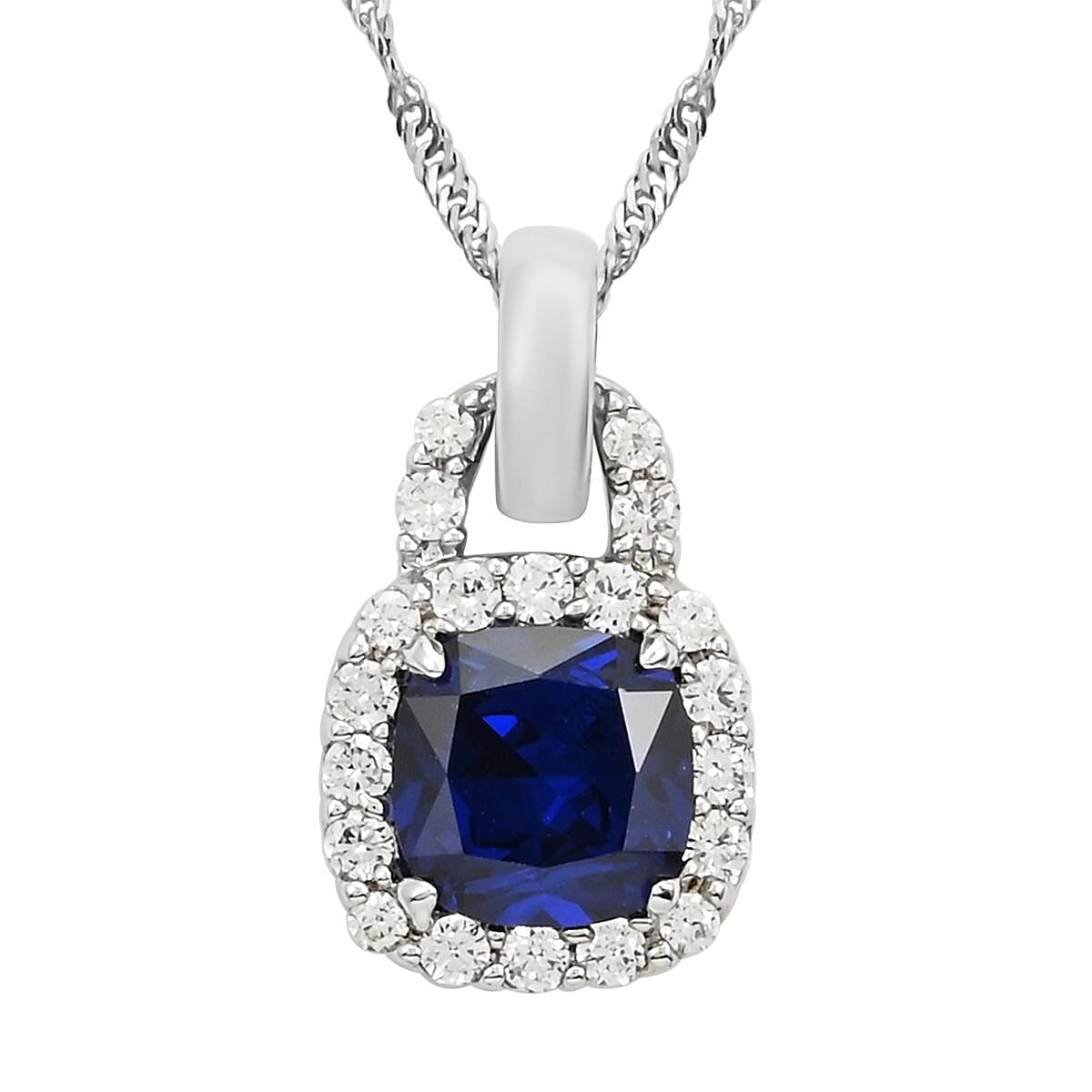 Thai Blue Spinel and Simulated Diamond Pendant Necklace 18-20.5 Inches in Sterling Silver 9.50 ctw