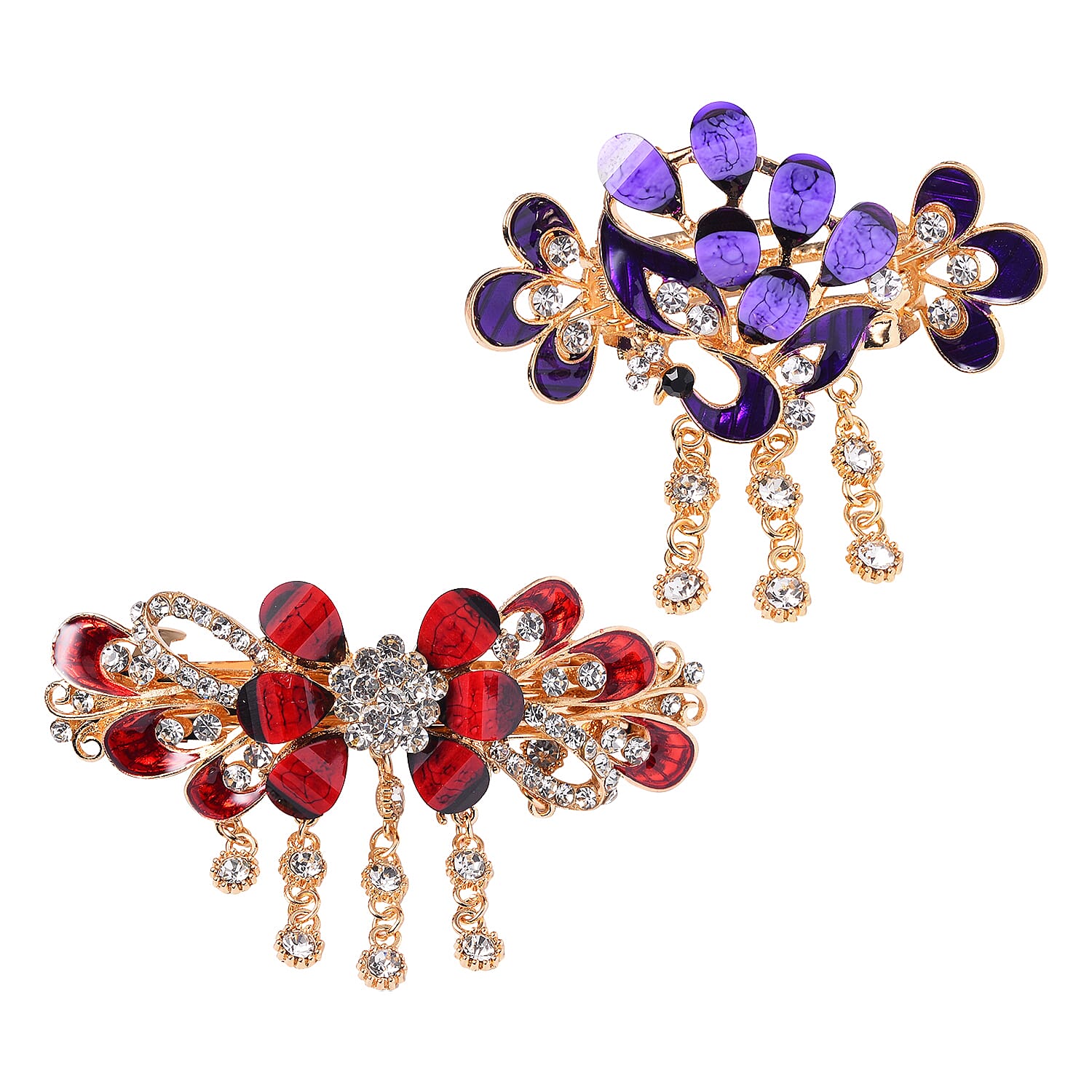 Set of 2 Purple and Brown Resin, Black and White Austrian Crystal, Enameled Butterfly and Peacock Hair Claw Clip in Rosetone