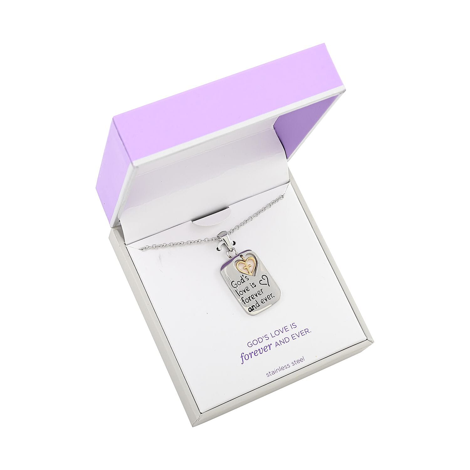 Cross and Heart Engraved Pendant Necklace 18 Inches in ION Plated Yellow Gold and Stainless Steel