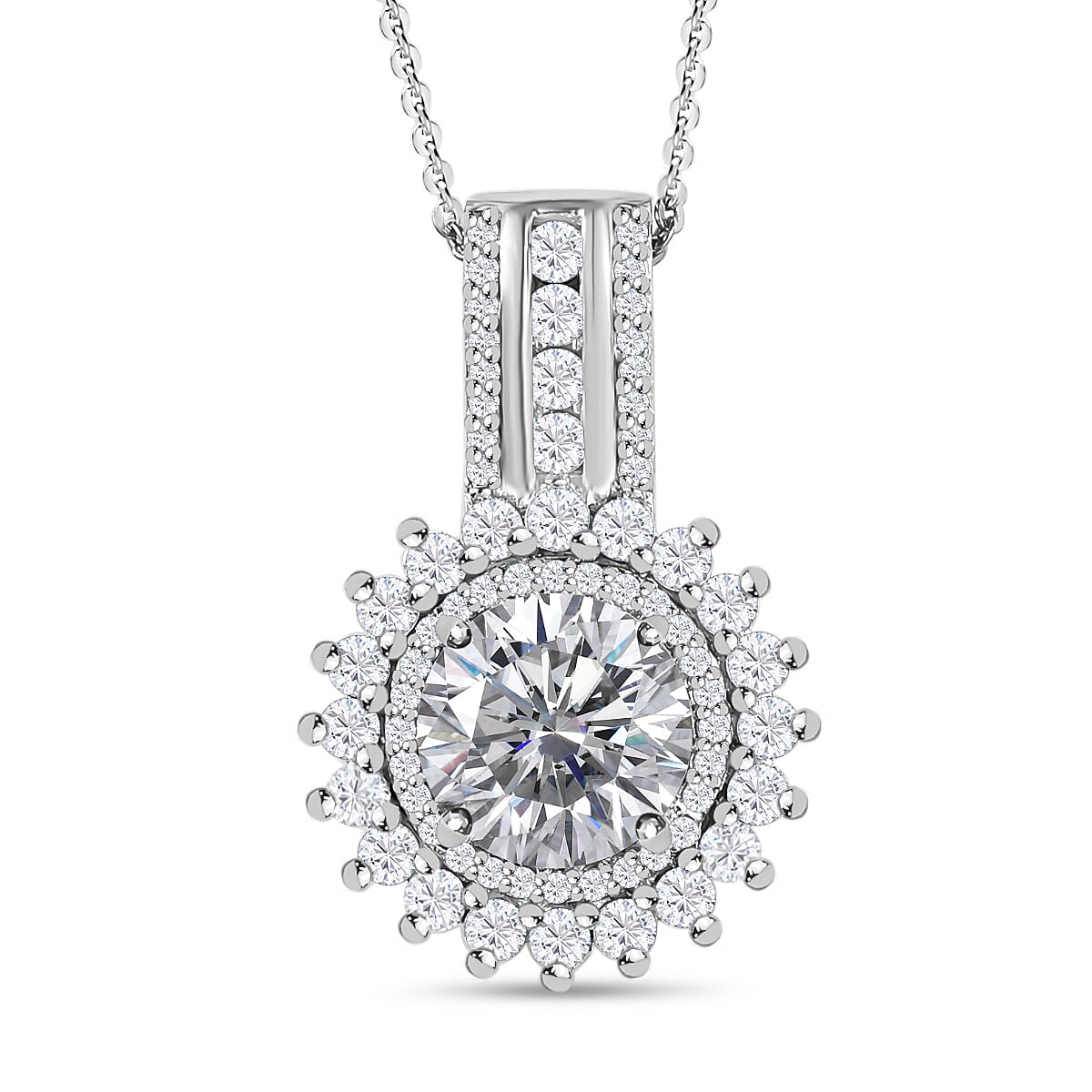 Moissanite (Rnd 8mm) Cocktail Pendant Necklace (20 Inches) in Platinum Over Sterling Silver 2.15 ctw