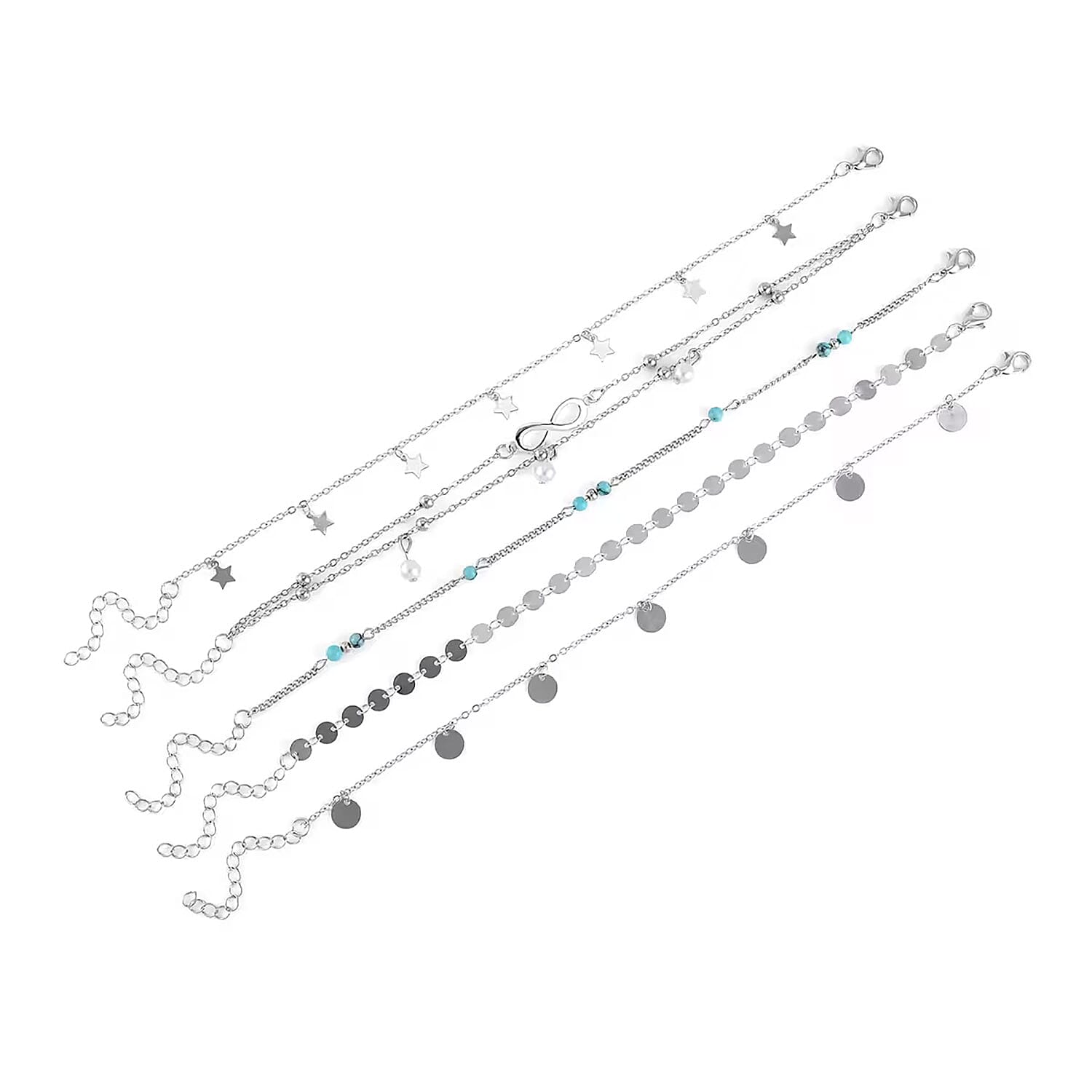 Set of 5 Blue Howlite and Simulated Pearl Charm Anklet (9-11 In) in Silvertone 0.80 ctw