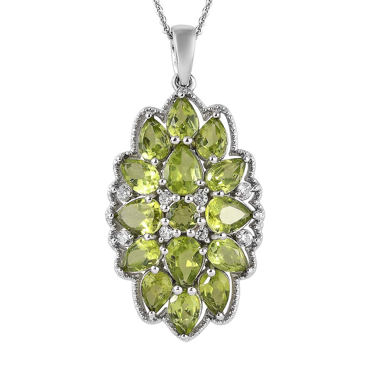 Premium Peridot and White Zircon Floral Pendant Necklace 20 Inches in Platinum Over Sterling Silver 7.85 ctw