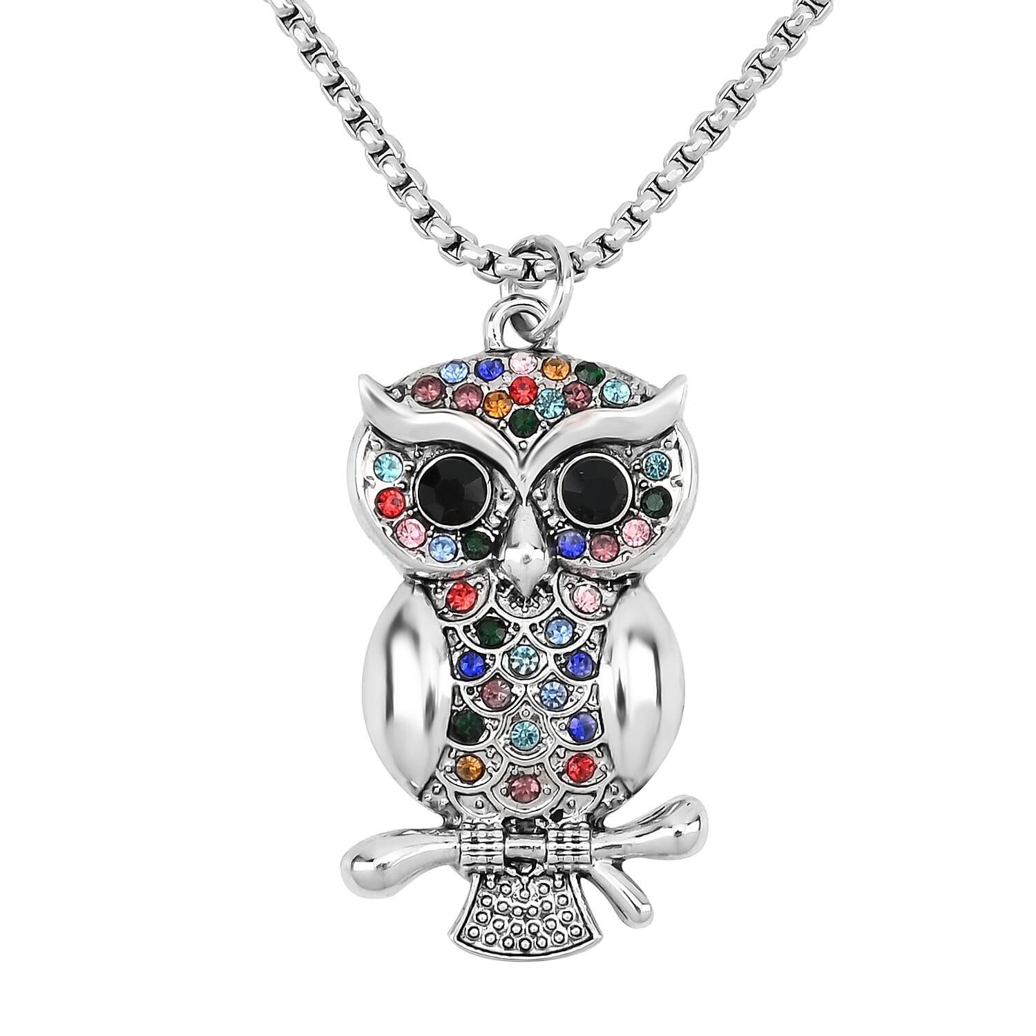 Multi Color Austrian Crystal Owl Pendant Necklace 28 Inches in Silvertone