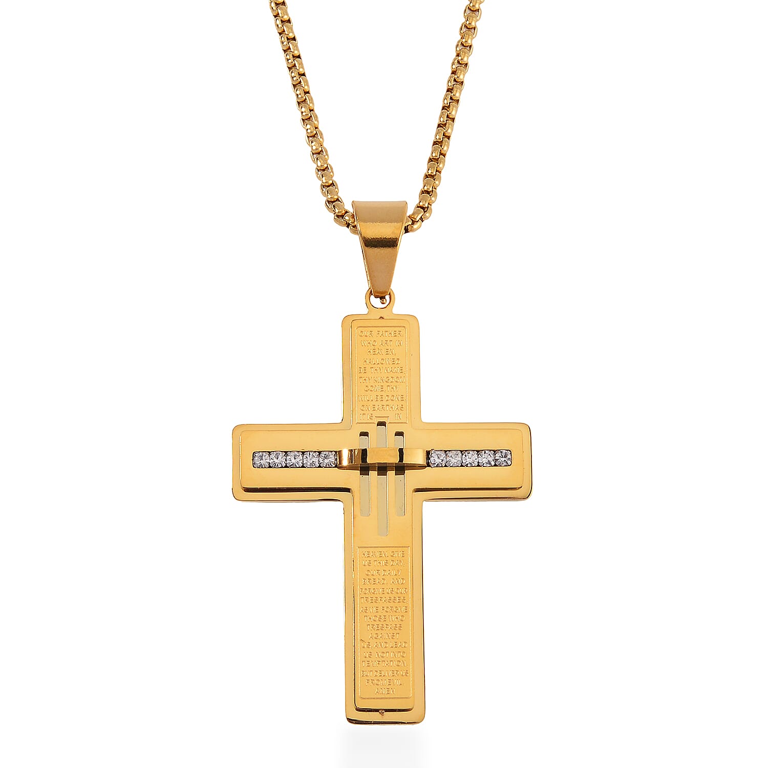 Austrian Crystal Cross Symbol of Faith Men's Pendant Necklace (24 Inches) in ION Plated YG Stainless Steel