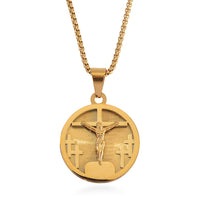 Bible Cross Coin Men's Pendant Necklace (24 Inches) in ION Plated YG Stainless Steel