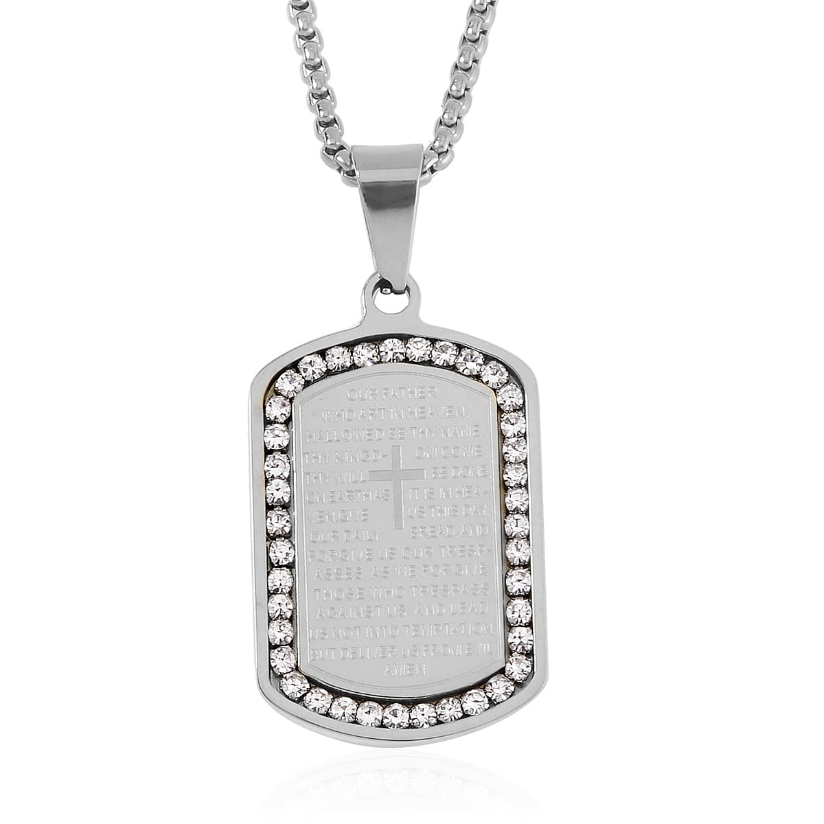 Austrian Crystal Cross with Bible Pendant Necklace (24 Inches) in Stainless Steel