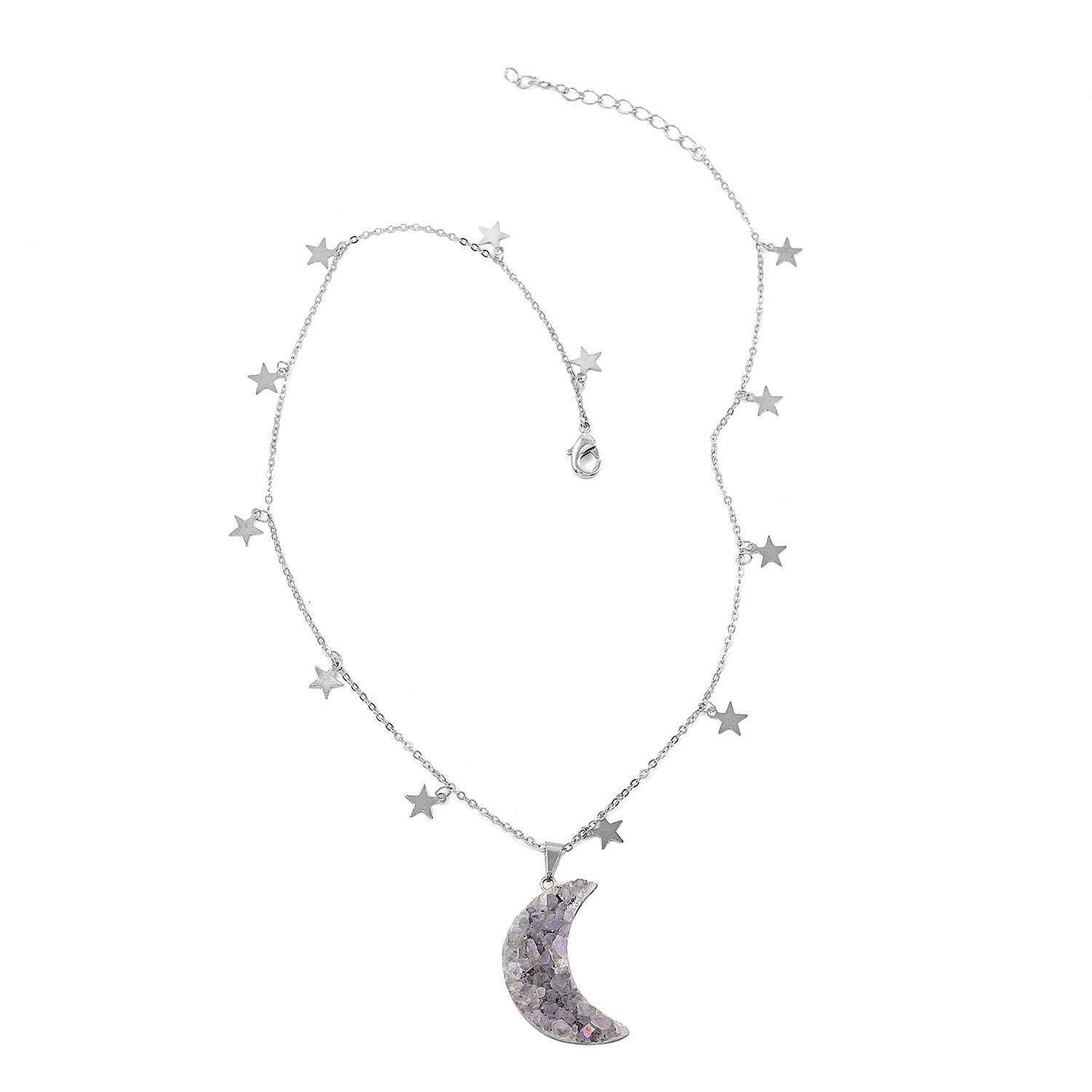 Agate Star Charm Pendant Necklace 16.5-18.5 Inches in Silvertone 30.00 ctw