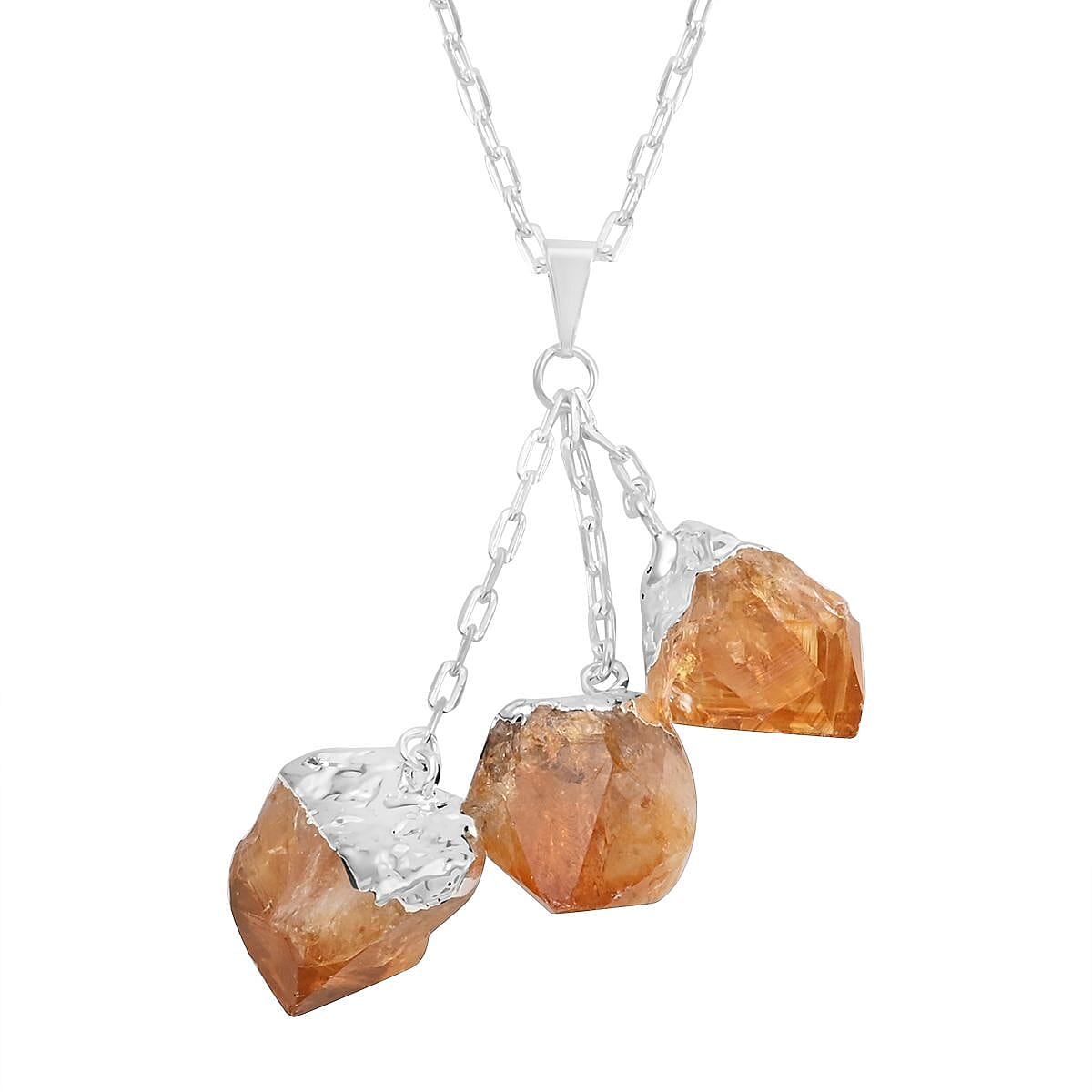 Brazilian Citrine Pendant Necklace 28-30 Inches in Silvertone 60.00 ctw
