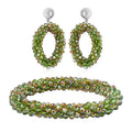 Green Magic Color Glass Beaded Bracelet (7.0-7.50In) and Earrings in Goldtone - Sticky add to cart bar