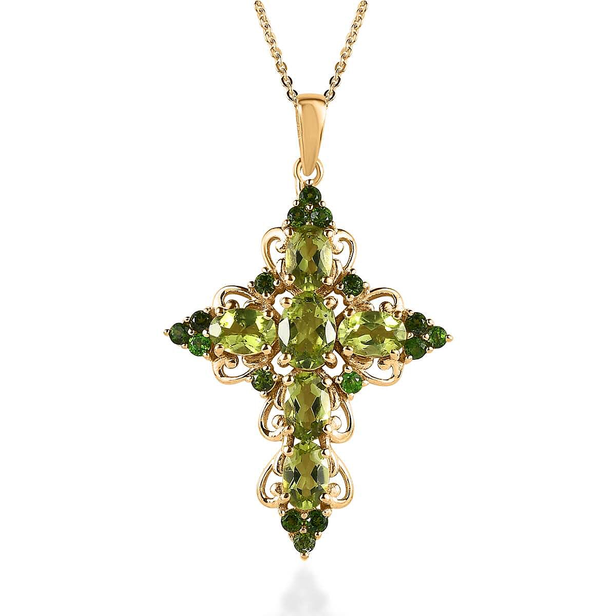 Premium Peridot and Chrome Diopside Cross Pendant Necklace 20 Inches in Vermeil Yellow Gold Over Sterling Silver 4.00 ctw
