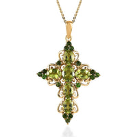 Premium Peridot and Chrome Diopside Cross Pendant Necklace 20 Inches in Vermeil Yellow Gold Over Sterling Silver 4.00 ctw