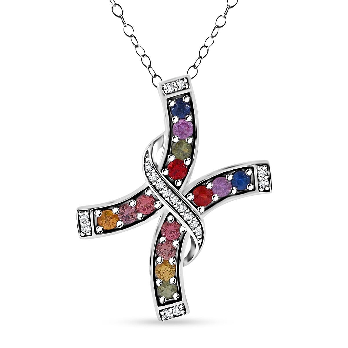 Rainbow Sapphire and White Zircon 1.60 ctw Cross Pendant Necklace in Rhodium Over Sterling Silver 20 Inches