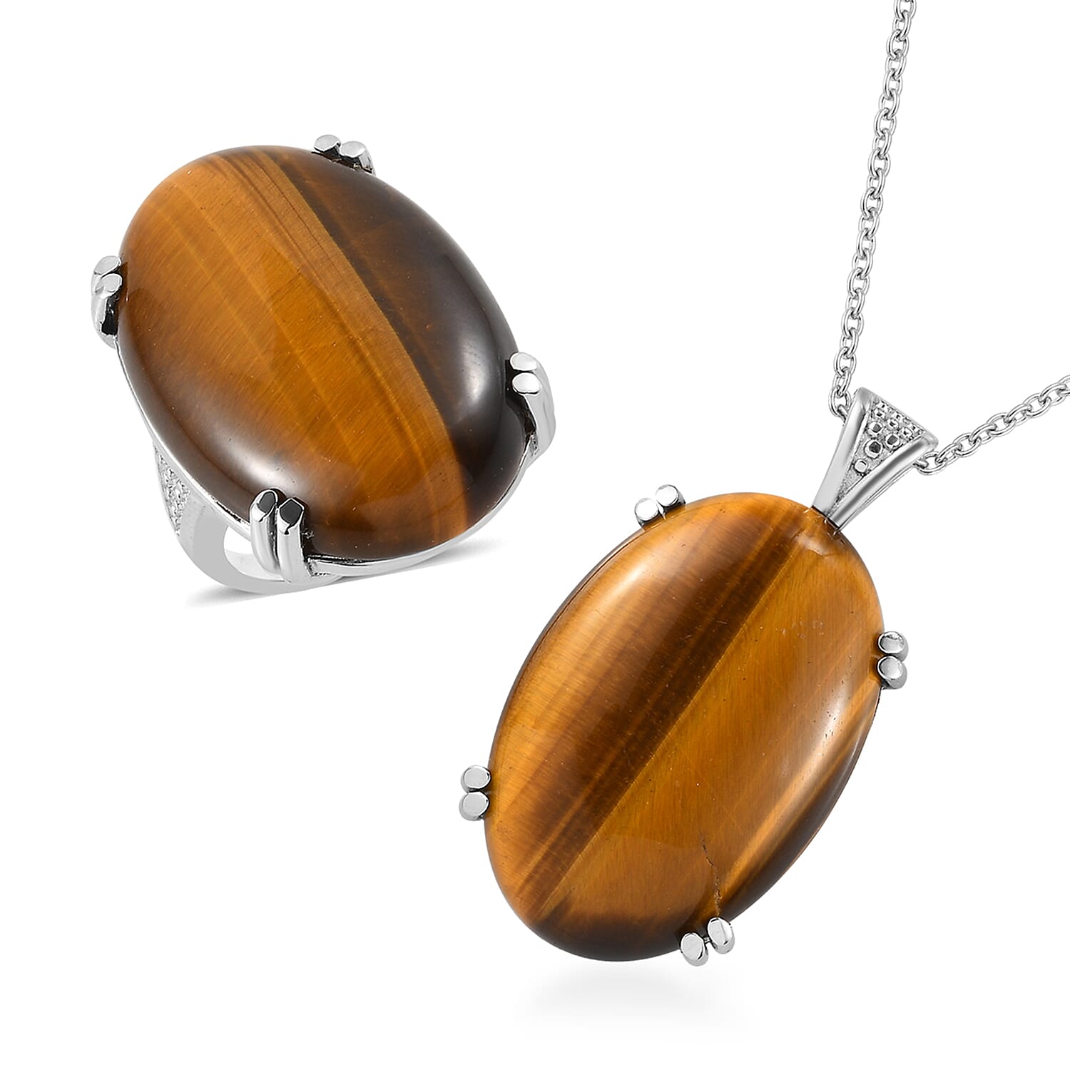 Tiger's Eye Solitaire Ring (Size 5.0) and Pendant Necklace (20 Inches) in Stainless Steel 65.75 ctw