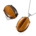 Tiger's Eye Solitaire Ring (Size 5.0) and Pendant Necklace (20 Inches) in Stainless Steel 65.75 ctw - Sticky add to cart bar