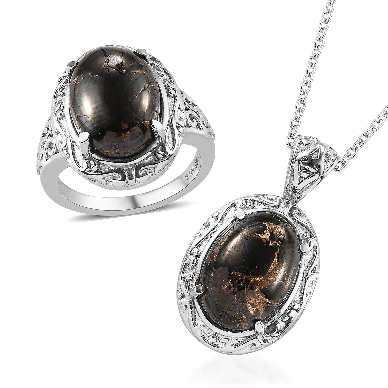 Matrix Silver Shungite Solitaire Ring (Size 5.0) and Pendant Necklace (20 Inches) in Stainless Steel 8.50 ctw
