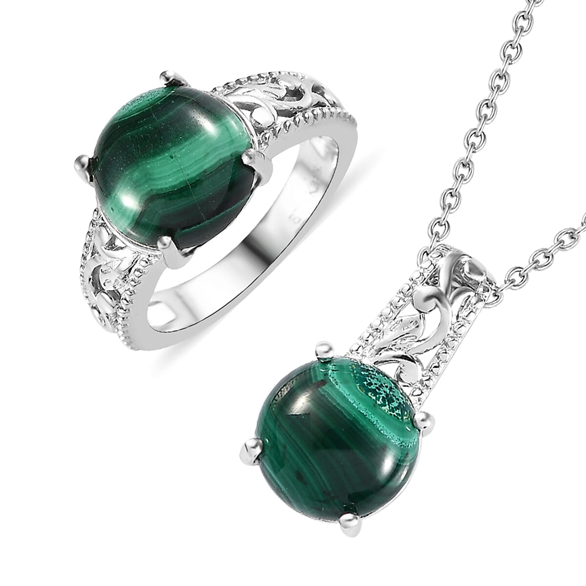 Karis African Malachite Solitaire Ring (Size 5.0), Pendant in Platinum Bond with Stainless Steel Necklace (20 Inches) 9.20 ctw