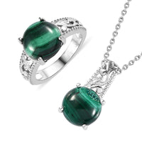Karis African Malachite Solitaire Ring (Size 5.0), Pendant in Platinum Bond with Stainless Steel Necklace (20 Inches) 9.20 ctw