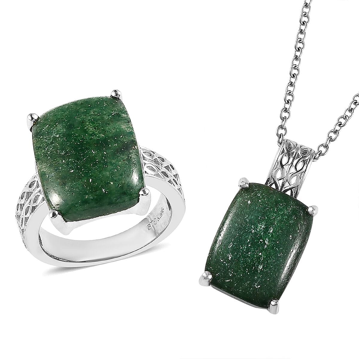 Karis Green Aventurine Solitaire Ring Size 5 and Pendant in Platinum Bond with Stainless Steel Necklace 20 Inches 14.10 ctw