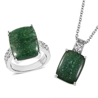 Karis Green Aventurine Solitaire Ring Size 5 and Pendant in Platinum Bond with Stainless Steel Necklace 20 Inches 14.10 ctw