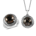 Matrix Silver Shungite Solitaire Ring (Size 5.0) and Pendant Necklace (20 Inches) in Stainless Steel 10.50 ctw - Sticky add to cart bar