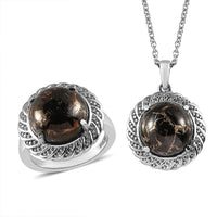 Matrix Silver Shungite Solitaire Ring (Size 5.0) and Pendant Necklace (20 Inches) in Stainless Steel 10.50 ctw