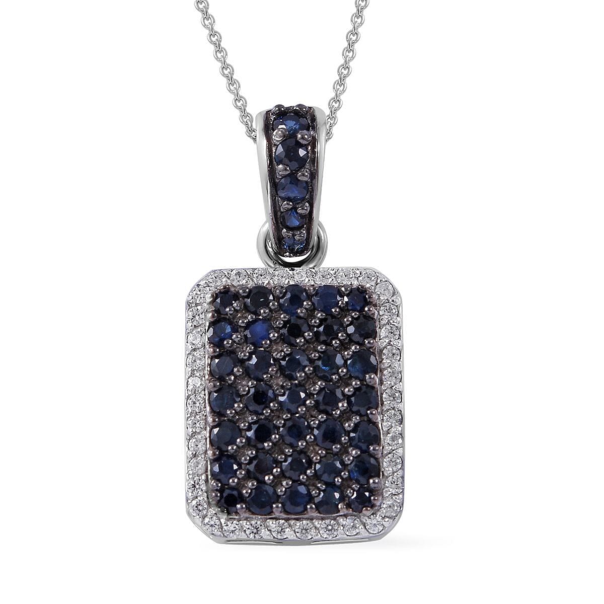 Premium Kanchanaburi Blue Sapphire and White Zircon Pendant Necklace 18 Inches in Platinum Over Sterling Silver 2.50 ctw
