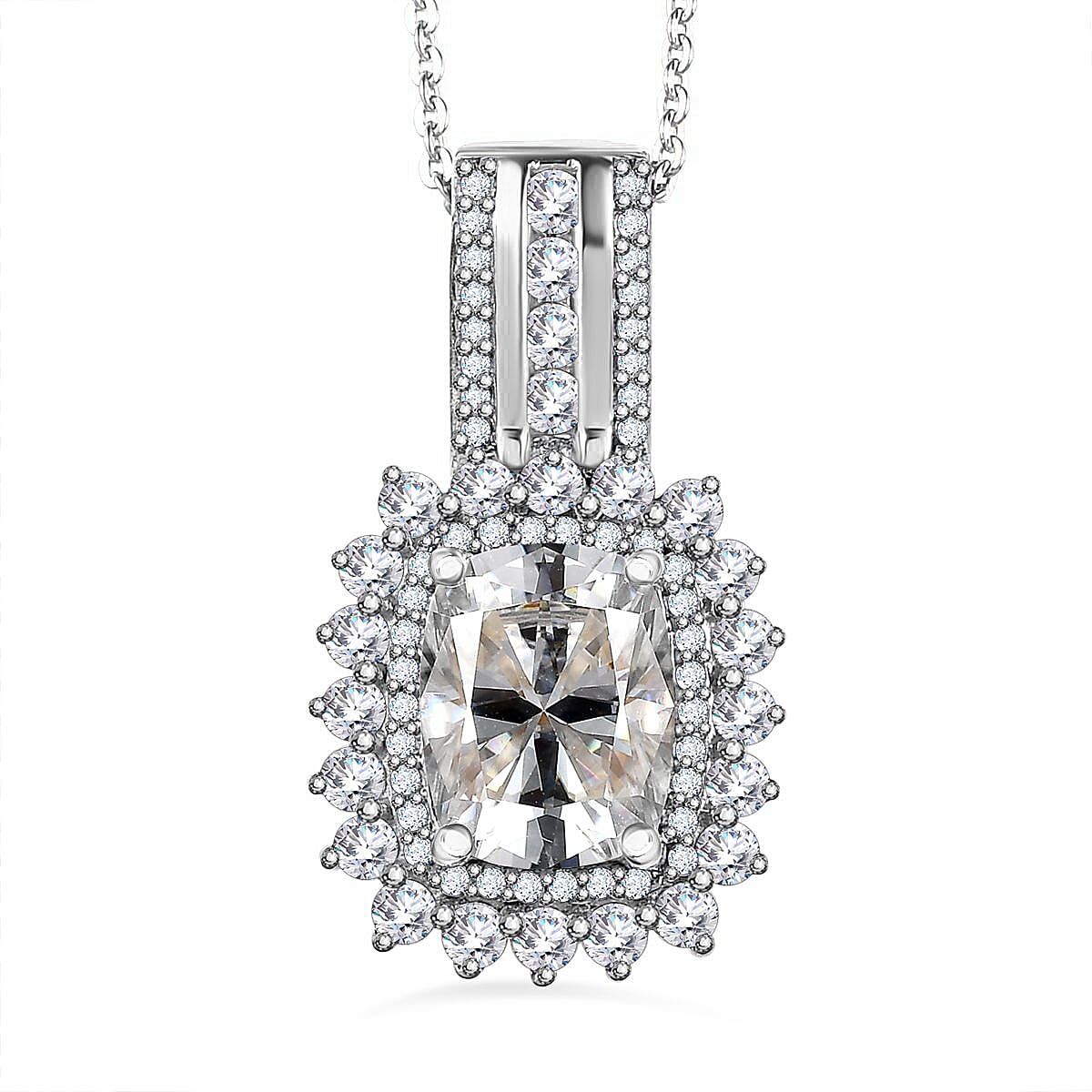 Moissanite Double Halo Pendant Necklace 20 Inches in Platinum Over Sterling Silver 2.50 ctw