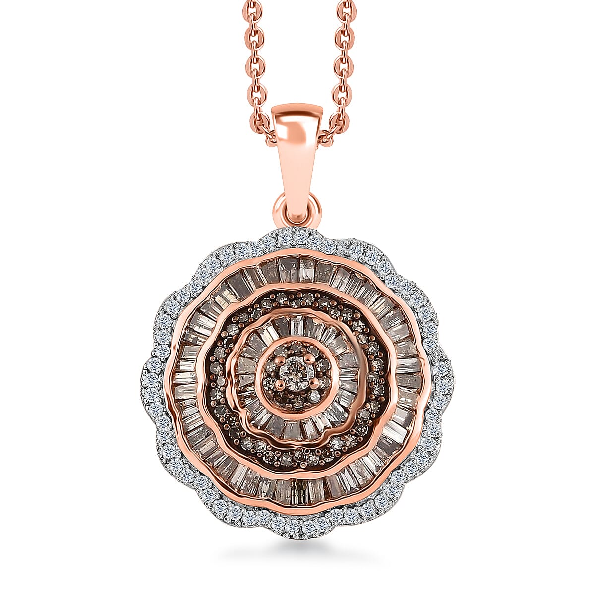 TLV Natural Champagne and White Diamond Floral Pendant Necklace (20 Inches) in Vermeil RG Over Sterling Silver