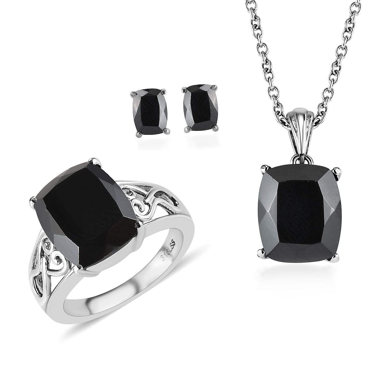Thai Black Spinel Solitaire Stud Earrings, Ring (Size 5.00) and Pendant Necklace (20 Inches) in Stainless Steel 13.00 ctw