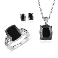 Thai Black Spinel Solitaire Stud Earrings, Ring (Size 5.00) and Pendant Necklace (20 Inches) in Stainless Steel 13.00 ctw