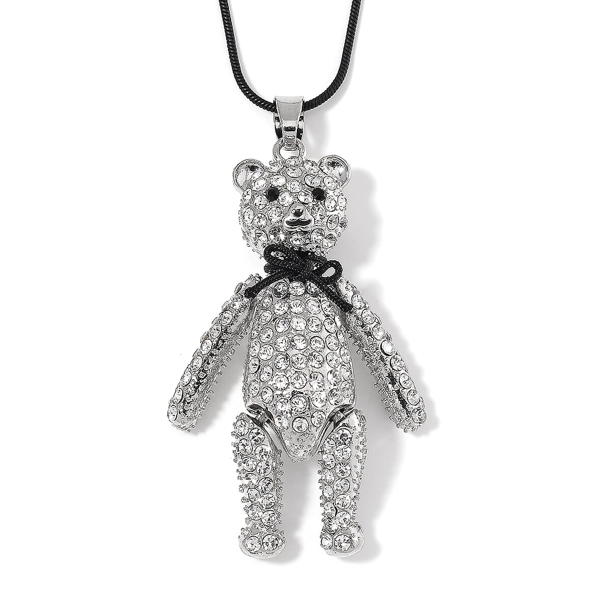 Black and White Austrian Crystal Tedddy Bear Pendant Necklace (28-30 Inches) in Silvertone