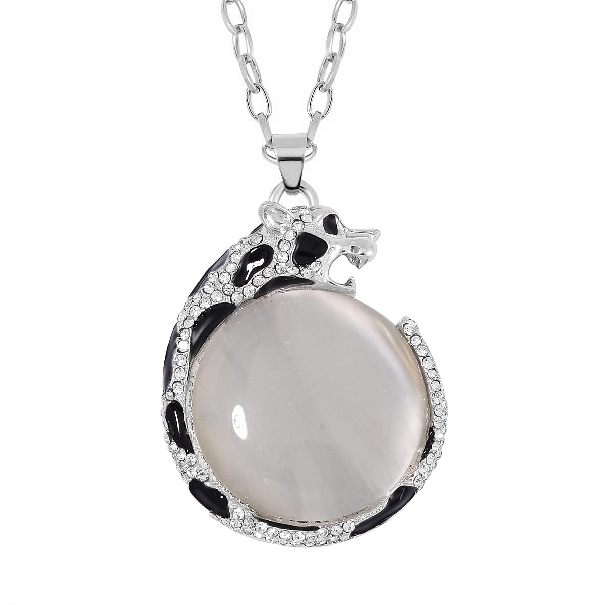 Lab Created White Cat's Eye, Black and White Austrian Crystal Panther Pendant Necklace (28-30 Inches) in Silvertone 10.00 ctw