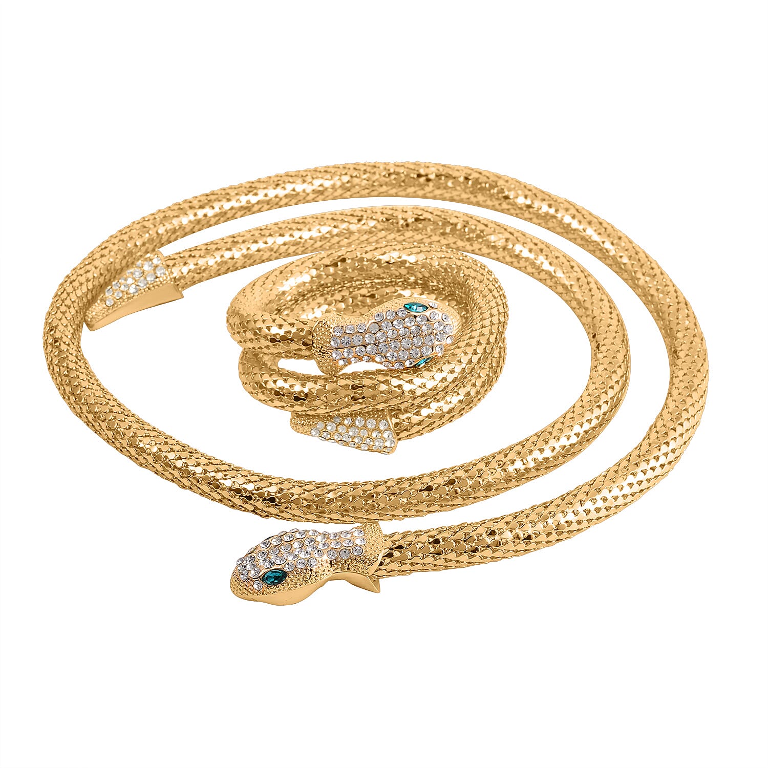 Doorbuster Green Color Resin and White Austrian Crystal Snake Bracelet (6.50-7.00In) and Necklace 36 Inches in Goldtone