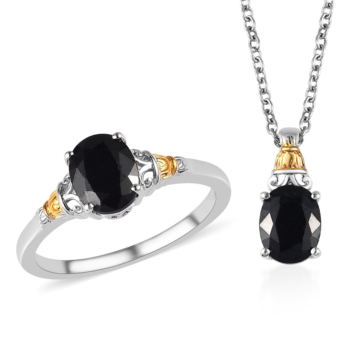 Karis Australian Midnight Sapphire Ring (Size 10) and Pendant in Platinum Bond & 18K YG Plated with Stainless Steel Necklace (20 Inches) 5.00 ctw
