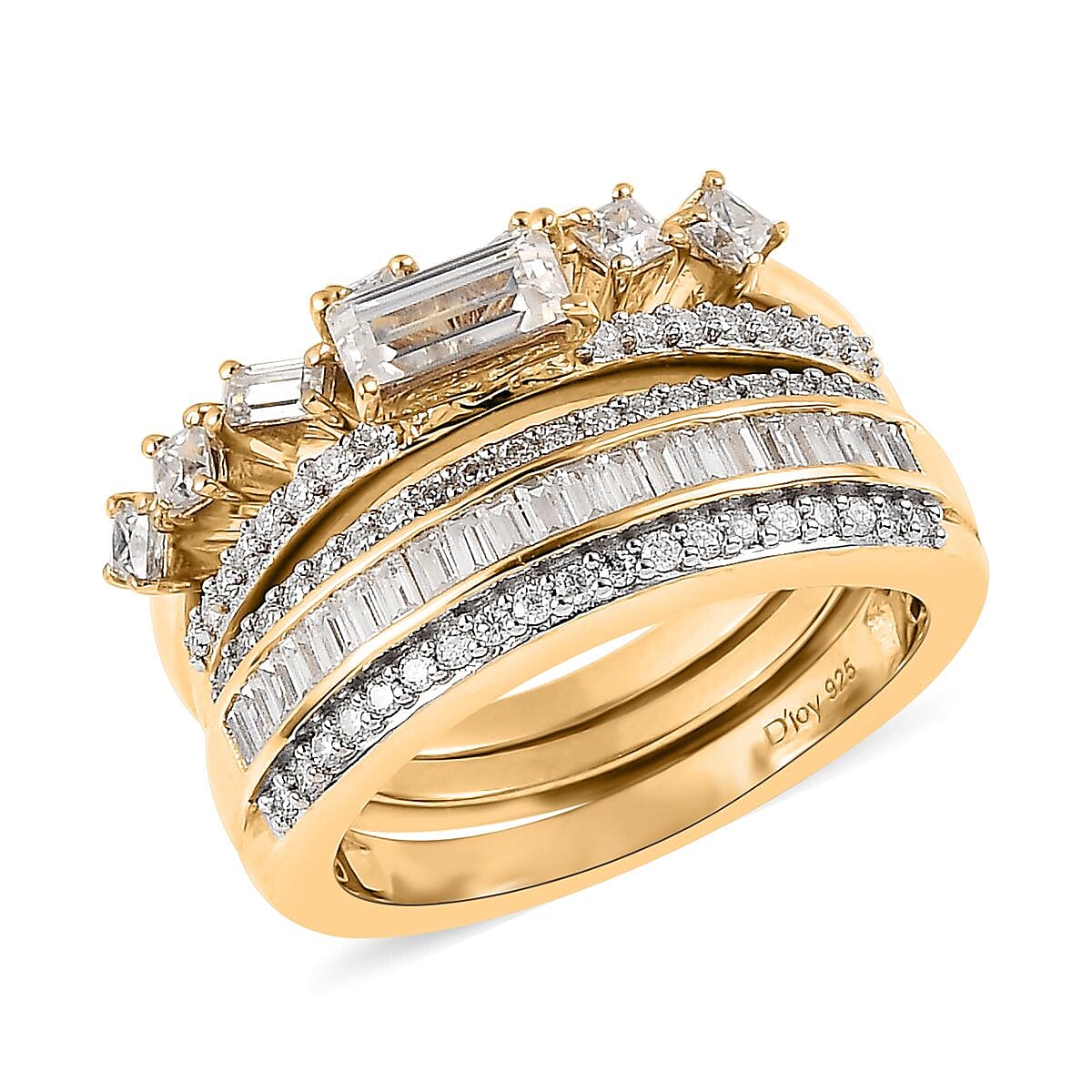Moissanite Set of 3 Stackable Band Ring in Platinum and Vermeil Yellow Gold Over Sterling Silver 1.15 ctw