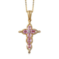Madagascar Pink Sapphire and White Zircon Cross Pendant Necklace (20 Inches) in Vermeil Yellow Gold Sterling Silver 1.50 ctw
