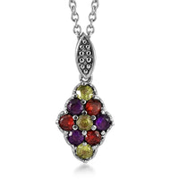 Multi Gemstone Elongated Pendant Necklace 20 Inches in Stainless Steel 1.20 ctw