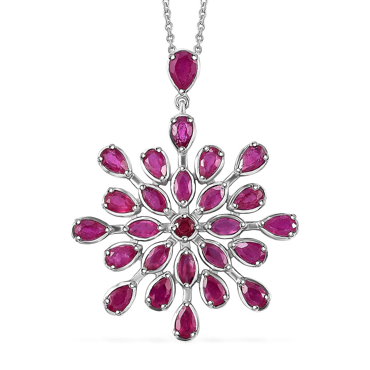 Niassa Ruby (FF) Snowflake Pendant Necklace (20 Inches) in Platinum Over Sterling Silver 10.25 ctw