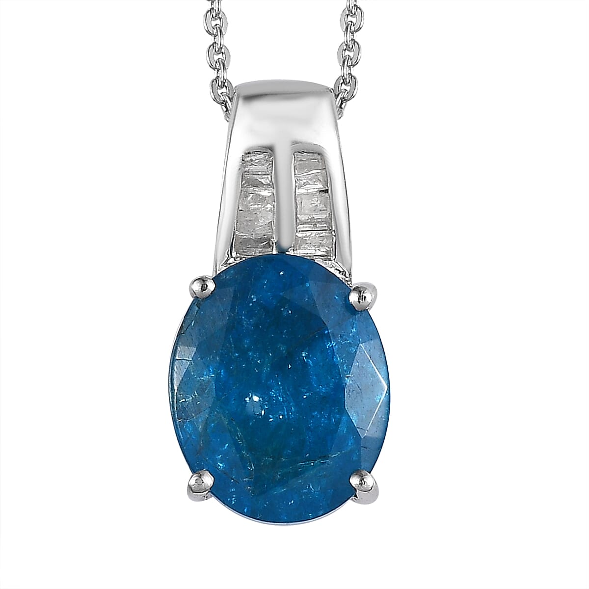 Malgache Neon Apatite and Diamond Pendant Necklace 20 Inches in Platinum Over Sterling Silver 3.75 ctw