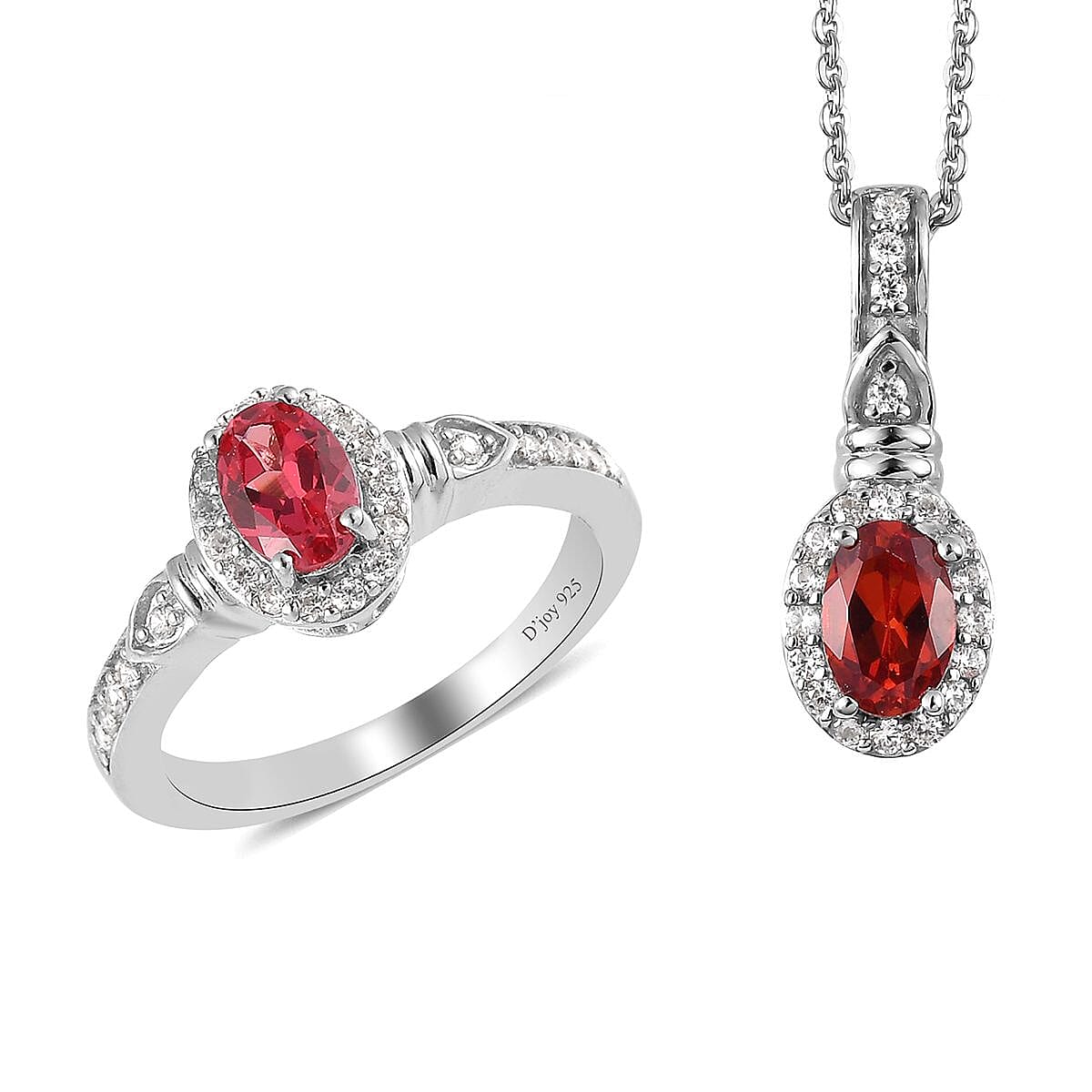 Lab Created Padparadscha Sapphire and White Zircon Ring and Pendant Necklace 20 Inches in Platinum Over Sterling Silver 1.75 ctw