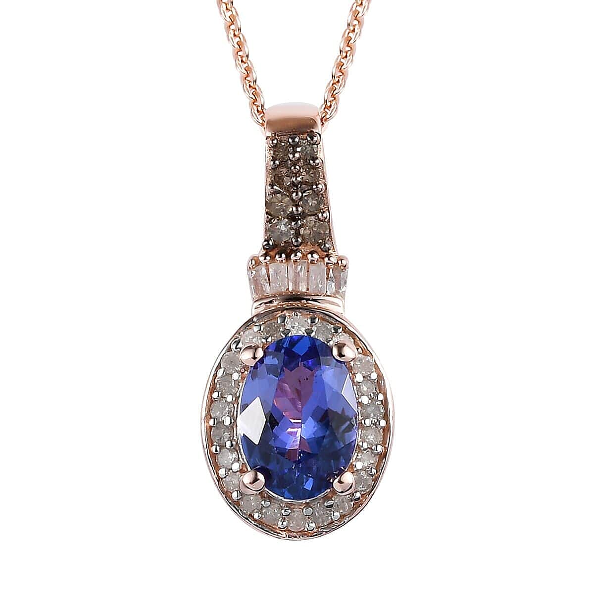 AAA Tanzanite, Natural Champagne and White Diamond Halo Pendant Necklace 20 Inches in Vermeil Rose Gold Over Sterling Silver 1.25 ctw