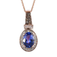 AAA Tanzanite, Natural Champagne and White Diamond Halo Pendant Necklace 20 Inches in Vermeil Rose Gold Over Sterling Silver 1.25 ctw