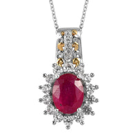 Niassa Ruby and Natural White Zircon Sunburst Pendant Necklace 20 Inches in Vermeil Yellow Gold and Platinum Over Sterling Silver 3.75 ctw